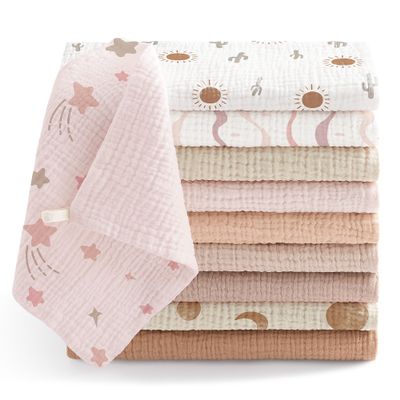 Bearmoss 10-Pack Baby Muslin Washcloths, 100% Cotton, Soft Burp Cloths, Breathable and Highly Absorbent, 25 x 25 cm, Pink/Brown