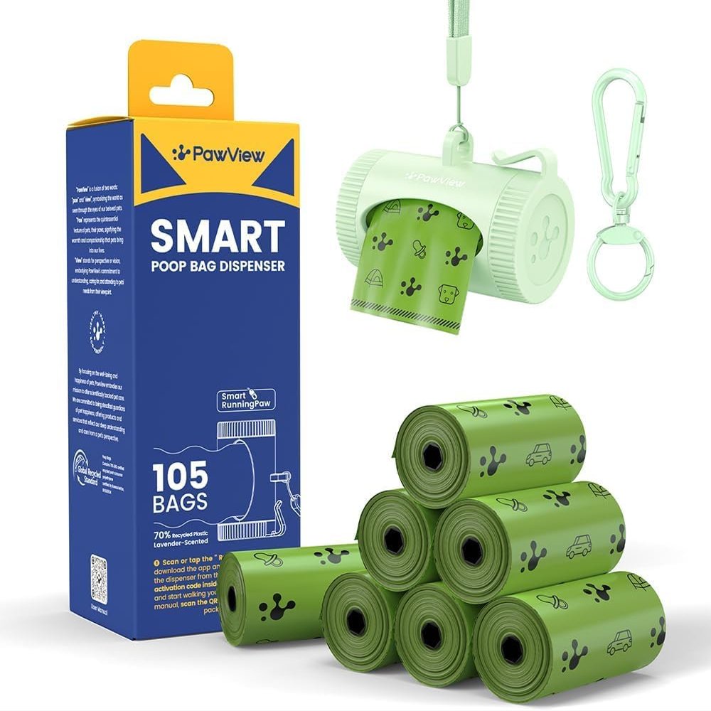PawView Rollable Dog Waste Bag Dispenser with 7 Rolls (105 Bags)