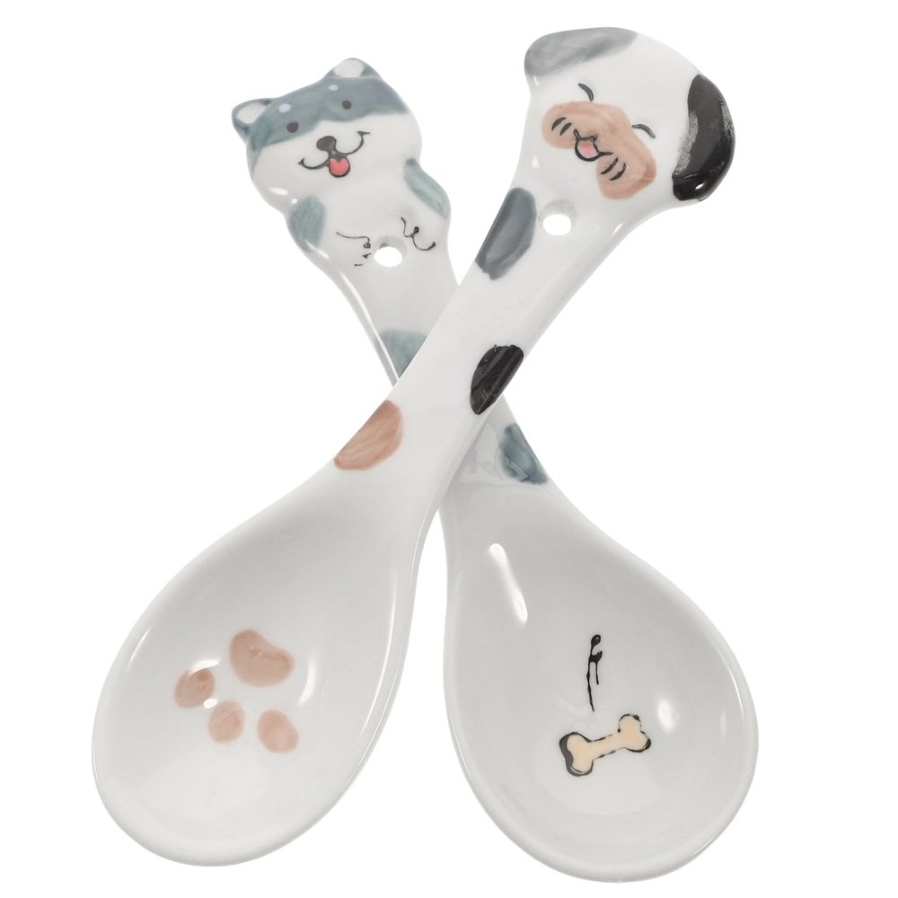 Toyvian Ceramic Pet Feeding Spoons, 2 Pieces, Portable, Assorted Styles