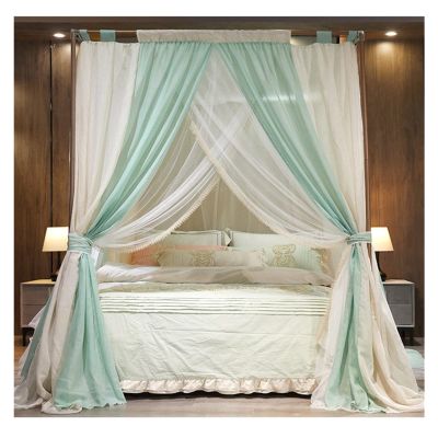 XRPOUXMTE 2-Color Linen Bed Canopy Mosquito Net with 4 Corner Posts, 150/180/200 cm