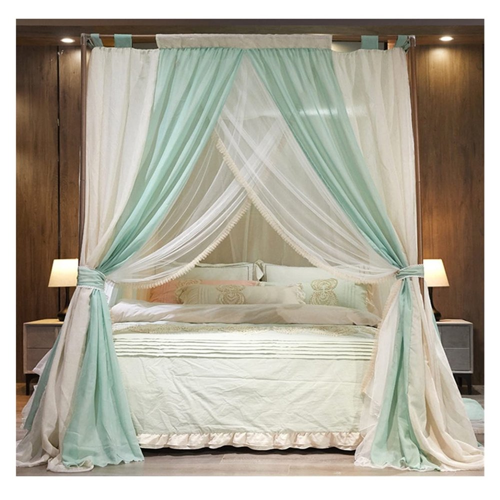 XRPOUXMTE 2-Color Linen Bed Canopy Mosquito Net with 4 Corner Posts, 150/180/200 cm