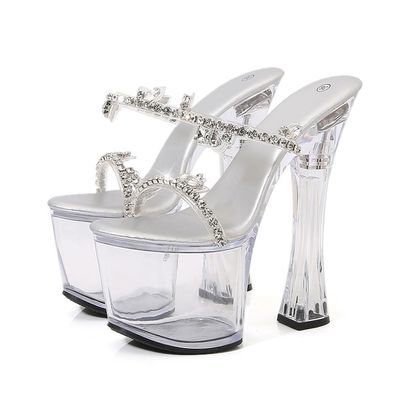 7.1 in High Heels for Women, Open-Toe Sandals with Chunky Heel, Silver, EU 38