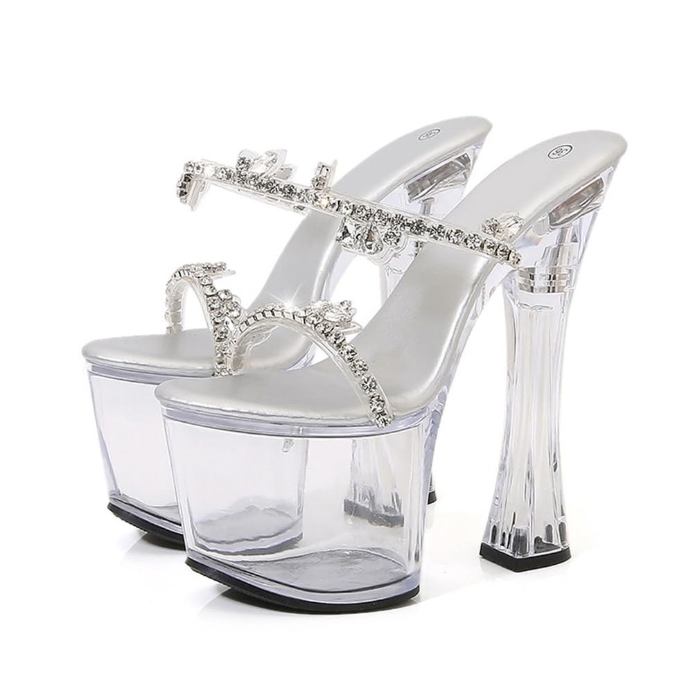 7.1 in High Heels for Women, Open-Toe Sandals with Chunky Heel, Silver, EU 38