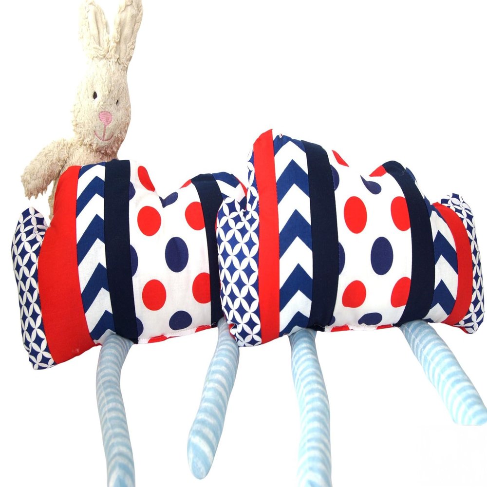 bab-Berlin Cloud Pillow, Blue and Red Polka-Dot Patchwork, 35 x 20 cm, Handmade