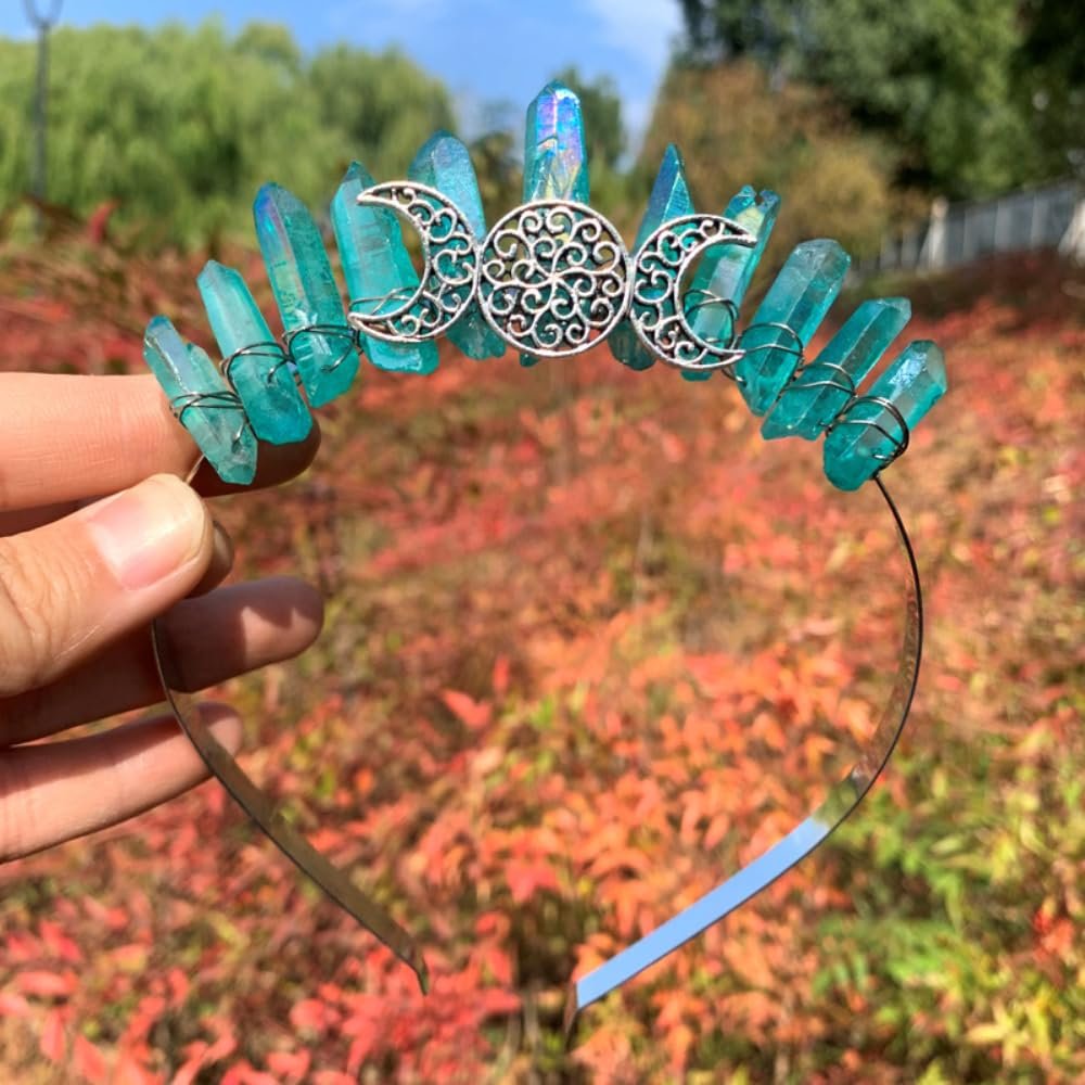 Blausky Glitter Crystal Headband for Women, Vintage Moon Metal Hairband, Green