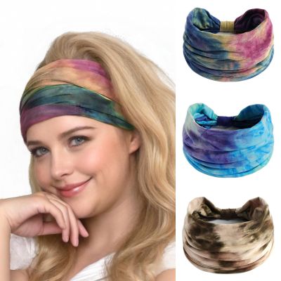 Alexis Leroy Women's Boho Tie-Dye Headbands, Elastic Soft Yoga Sports Sweatbands, Hair Accessories, 3-Piece Natural Set