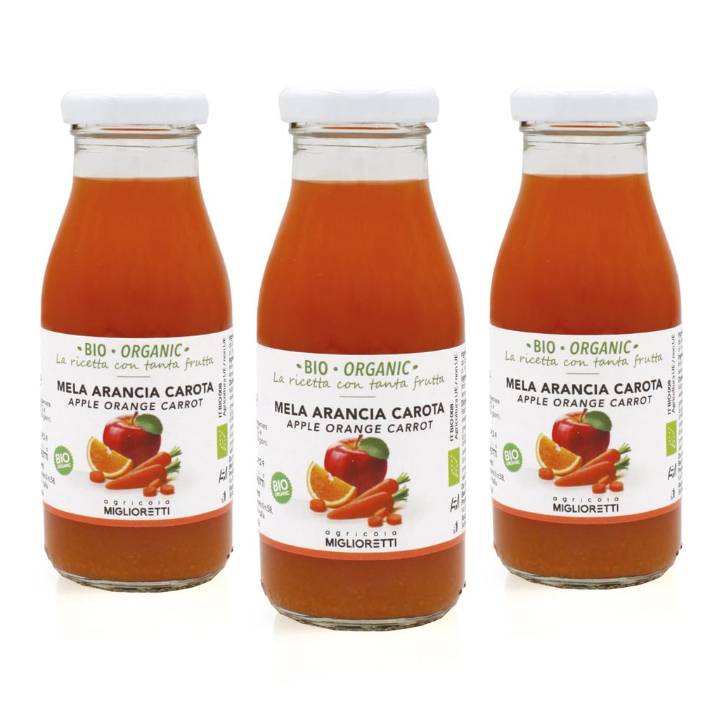 Agricola Miglioretti 3 x 200 ml Organic Orange, Carrot & Apple Juice, Cold-Pressed, No Added Sugar