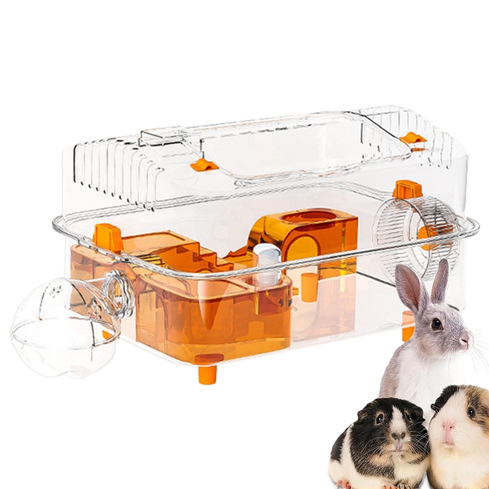 Hamster Enclosure - Open-Top Habitat with Food Dispenser and Running Wheel for Chinchillas and Rabbits