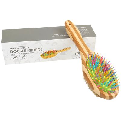Dog Grooming Brush with Silicone Massage Head and Bamboo Handle