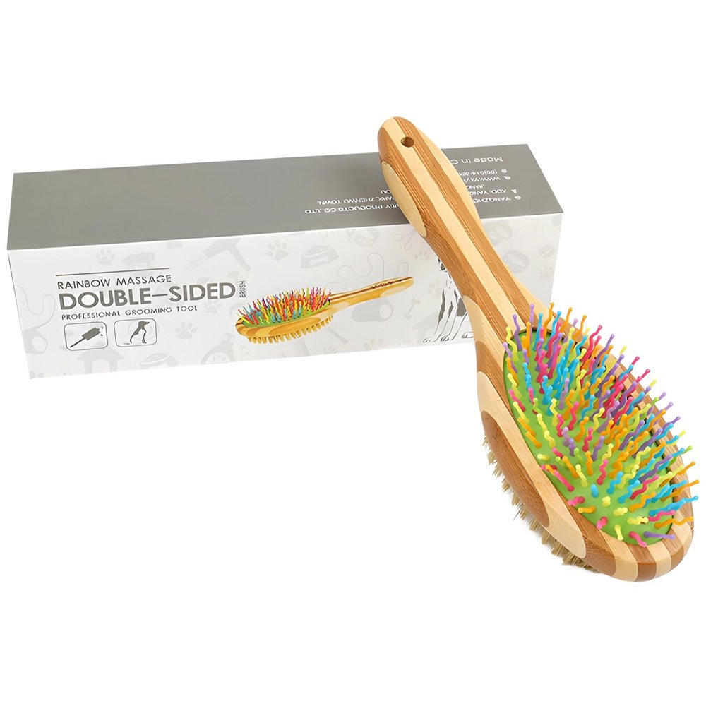 Dog Grooming Brush with Silicone Massage Head and Bamboo Handle