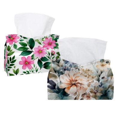 2-Pack Pink Flower Tissue Box Covers with Leaves