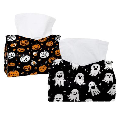Leather Tissue Box Cover, Halloween Pumpkins, Bats and Skull, Decorative, 2-Pack