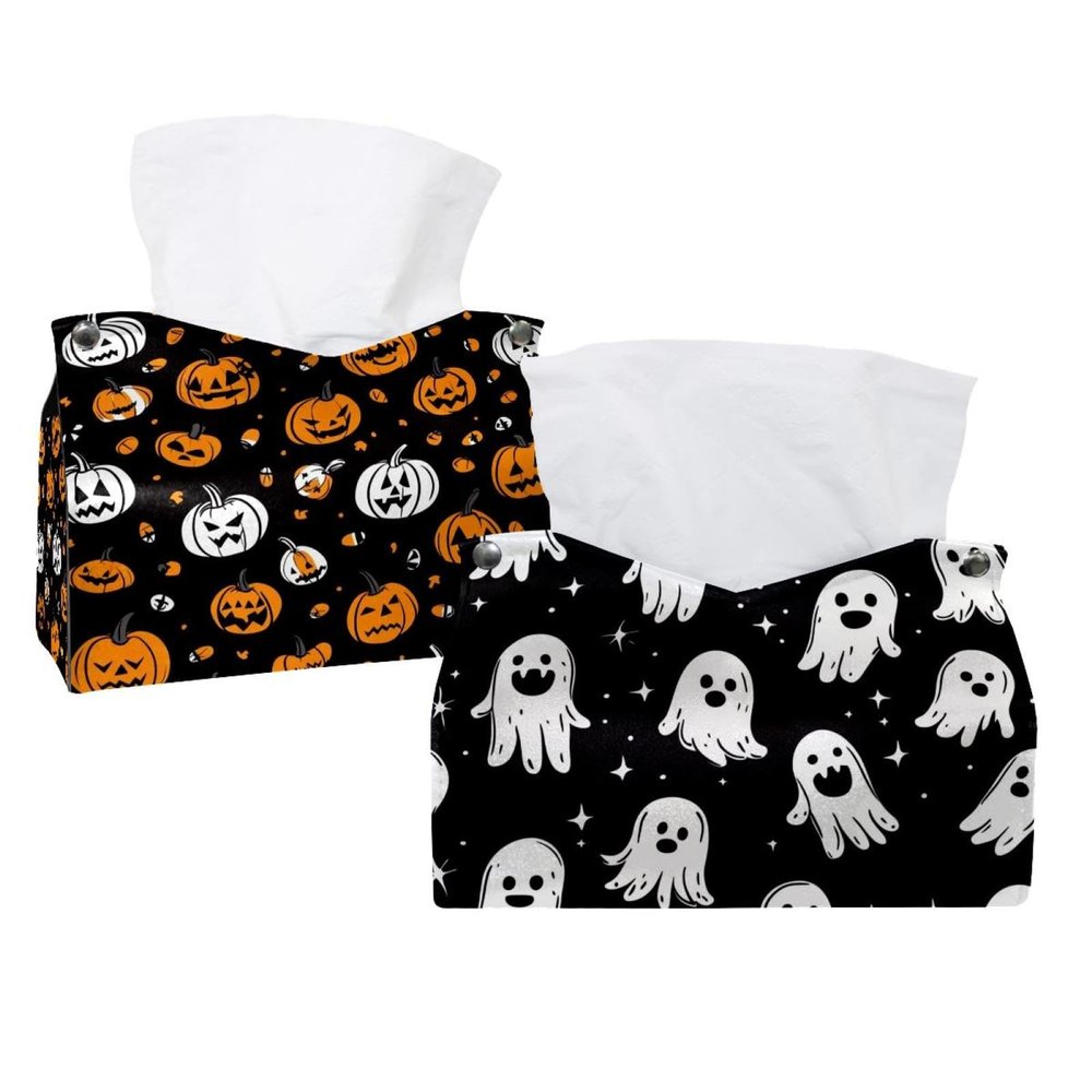 Leather Tissue Box Cover, Halloween Pumpkins, Bats and Skull, Decorative, 2-Pack