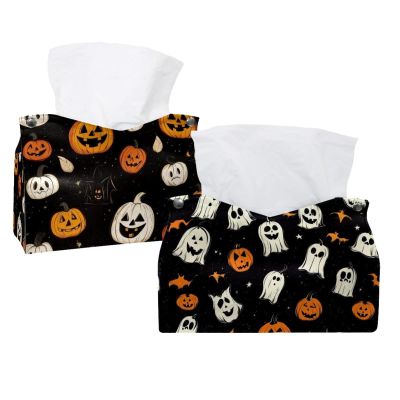 2-Pack Tissue Box Covers, Halloween Pumpkin Tissue Box Holders, Facial Tissue Dispensers for Bathroom, Kitchen, Bedroom, Office, and Hotel