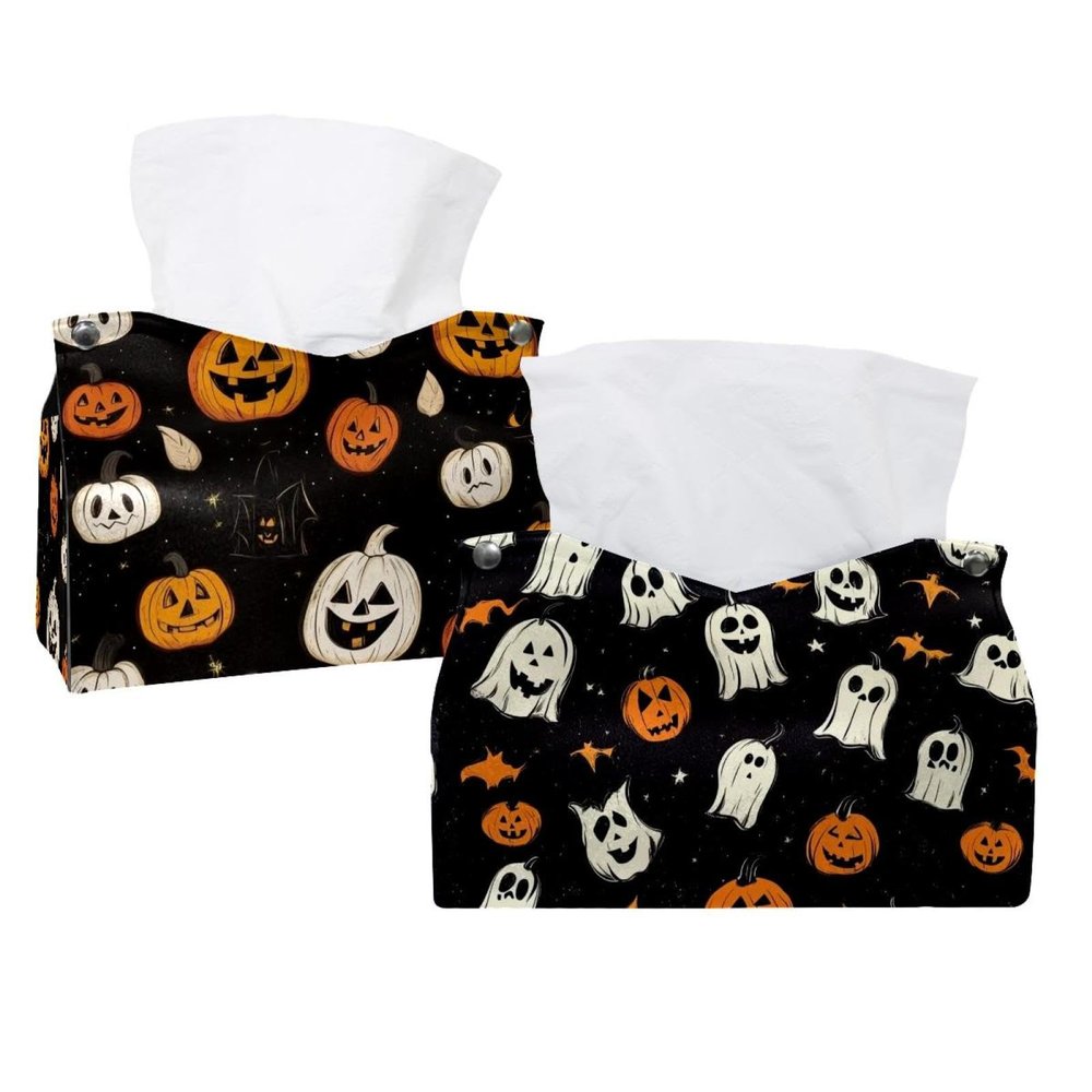2-Pack Tissue Box Covers, Halloween Pumpkin Tissue Box Holders, Facial Tissue Dispensers for Bathroom, Kitchen, Bedroom, Office, and Hotel