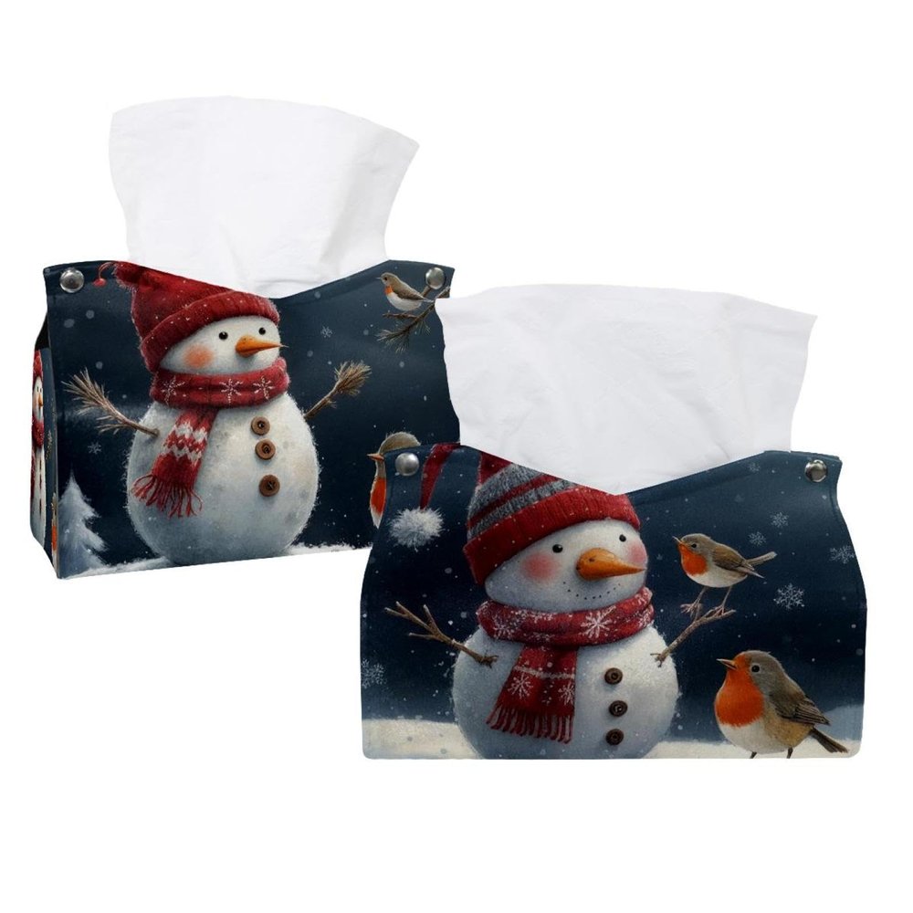 Tissue Box Covers for Home and Office, Snowman and Bird Christmas Designs, for 2–14 Tissue Boxes, 2-Pack