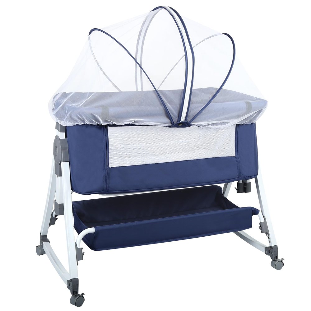 homewell Bedside Crib, Bassinet & Baby Cradle, 6-Level Height and Recline Adjustment, Foldable Sidewall, Navy