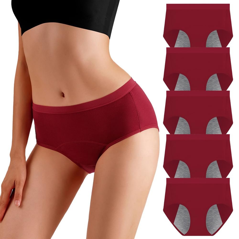 Aocase 5-Pack Period Underwear for Women, High-Absorbency Incontinence Briefs, Day and Night Protection, High-Waisted Menstrual Underwear for Teens, N20, XL