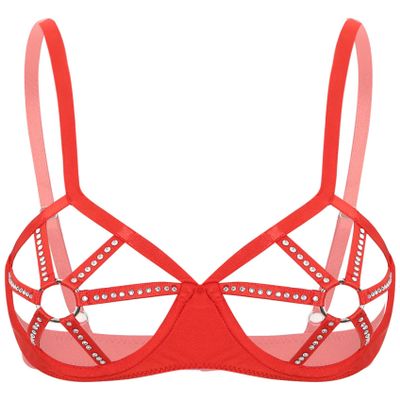Sinleey Women's Open-Bust Balconette Bra, Rhinestone Push-Up Lingerie, Red, S