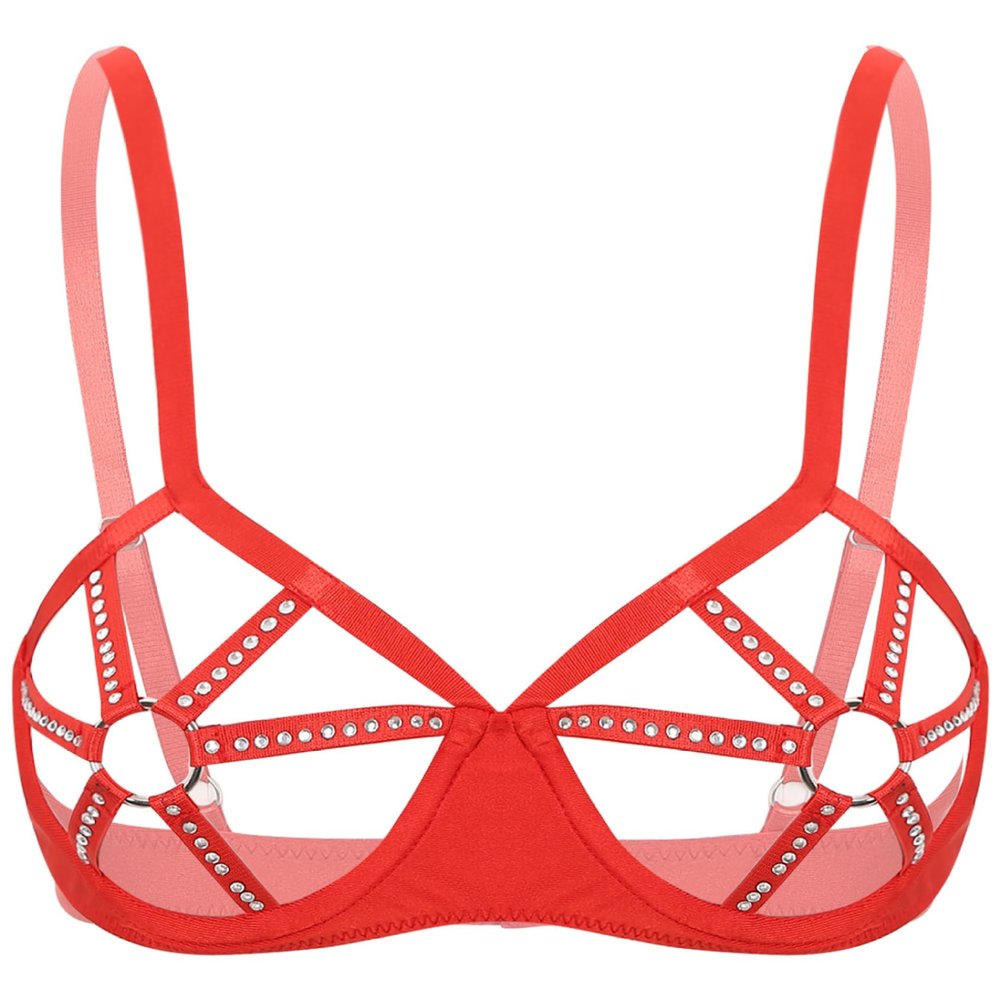 Sinleey Women's Open-Bust Balconette Bra, Rhinestone Push-Up Lingerie, Red, S