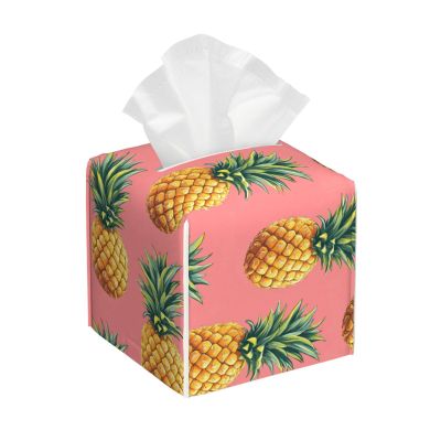 Square Leather Tissue Box with Pink Pineapple Print