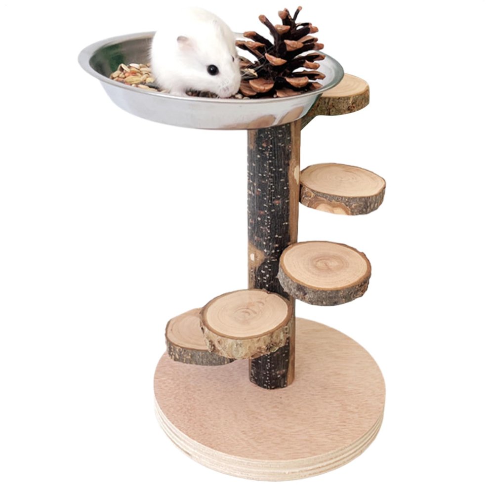 Hamster Ramp, Wooden Ladder with Rest Area and Stainless Steel Food Bowl
