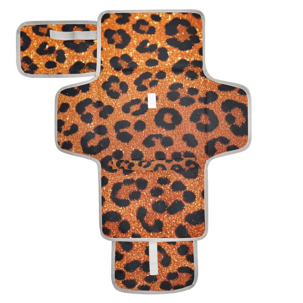 Reusable Waterproof Baby Changing Pad, Orange Glitter Leopard Print, with Pouch