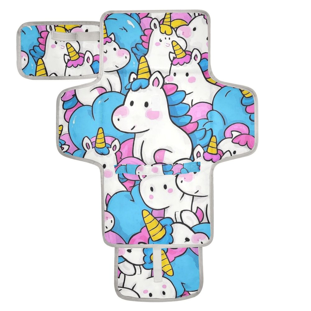Reusable Baby Diaper Changing Pad with Cartoon Unicorns, Pocket, and Built-In Pillow