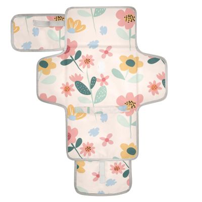 Reusable Wipeable Baby Changing Mat with Tissue Pocket, Floral Design, Cream, Integrated Pillow
