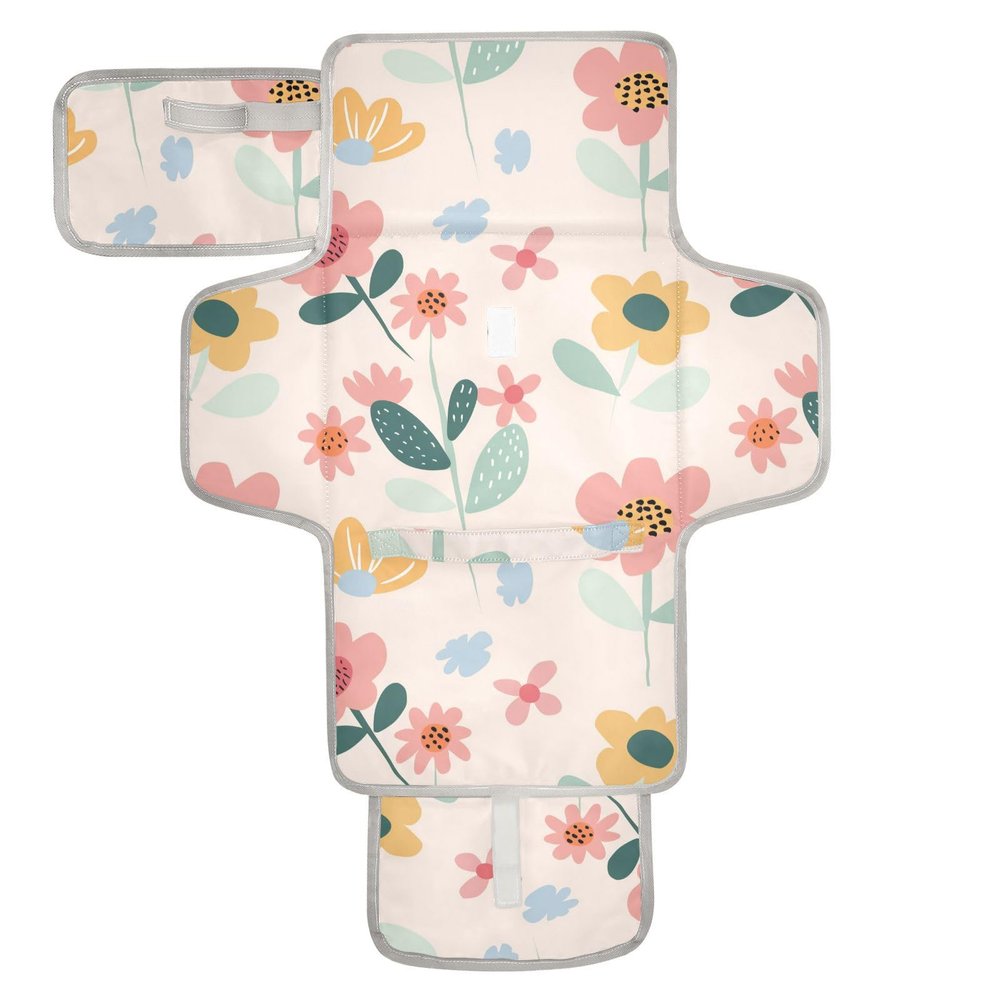 Reusable Wipeable Baby Changing Mat with Tissue Pocket, Floral Design, Cream, Integrated Pillow
