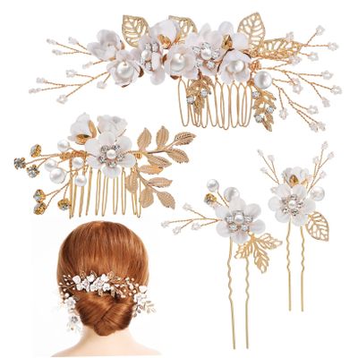 Bridal Side Hair Comb with Floral Pattern and Rhinestones, 1 Set, White