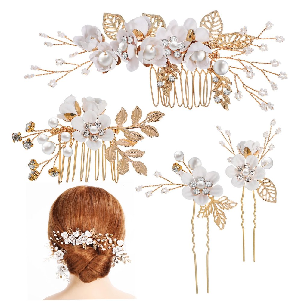 Bridal Side Hair Comb with Floral Pattern and Rhinestones, 1 Set, White