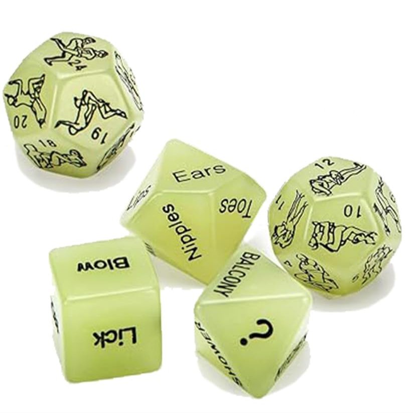 12 Clear Action Motivators, Sports Accessories, and 5 Interesting Fluorescent Green Multi-Shaped Dice
