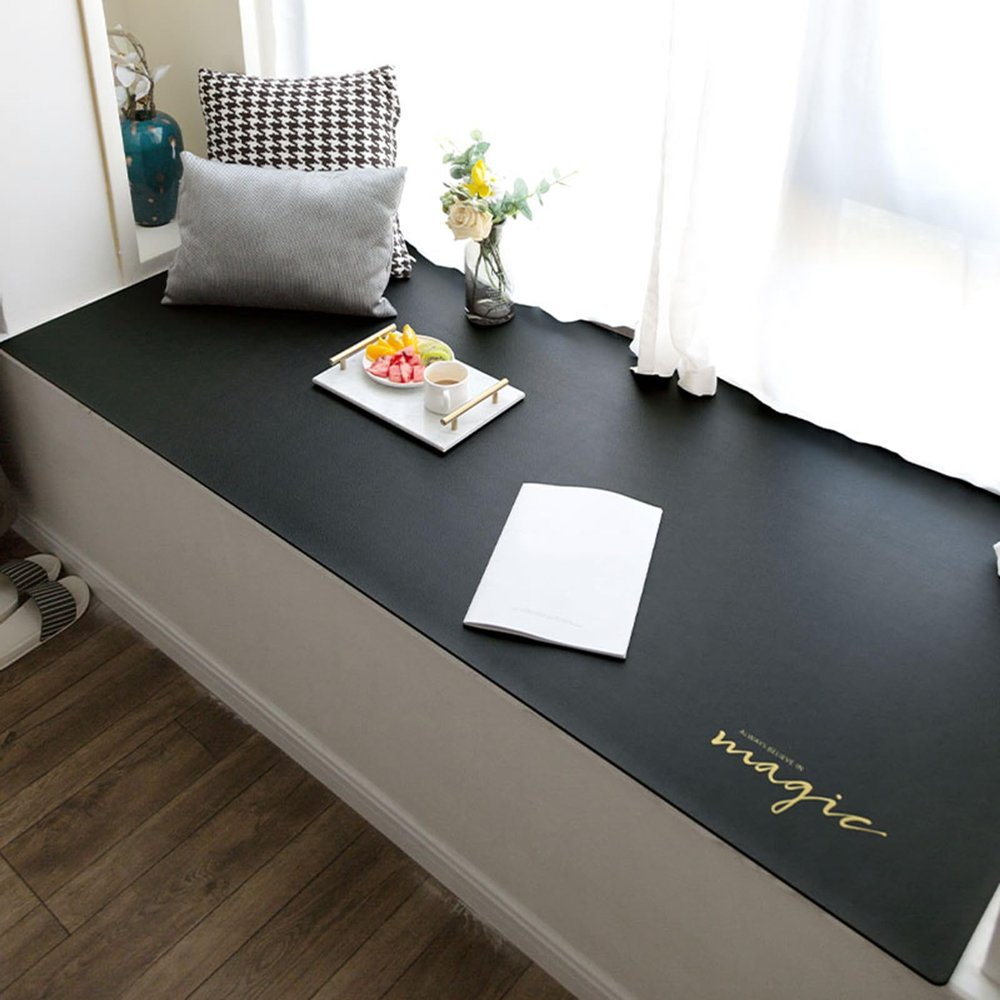 Window Sill Mat, Bay Window Protective Pad, Washable PVC Leather, Black, 150 x 70 cm (4.9 x 2.3 ft)