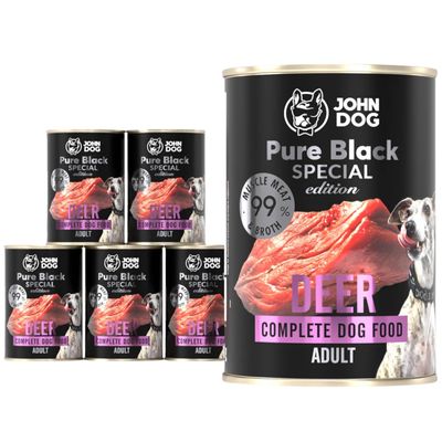 John Dog Venison Dog Food – Premium Grain-Free Wet Food with 99% Meat, Monoprotein for Adult Dogs, Pure Black Special Edition, 6 x 400 g