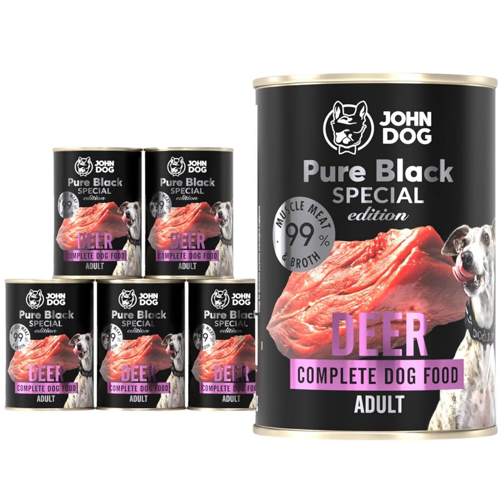 John Dog Venison Dog Food – Premium Grain-Free Wet Food with 99% Meat, Monoprotein for Adult Dogs, Pure Black Special Edition, 6 x 400 g