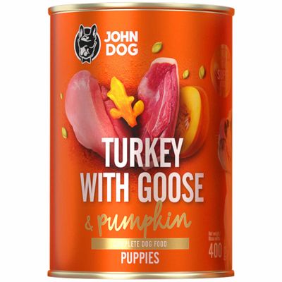 JOHN DOG Wet Puppy Food, Turkey with Goose – Grain-Free, with Pumpkin and Turmeric, 400 g