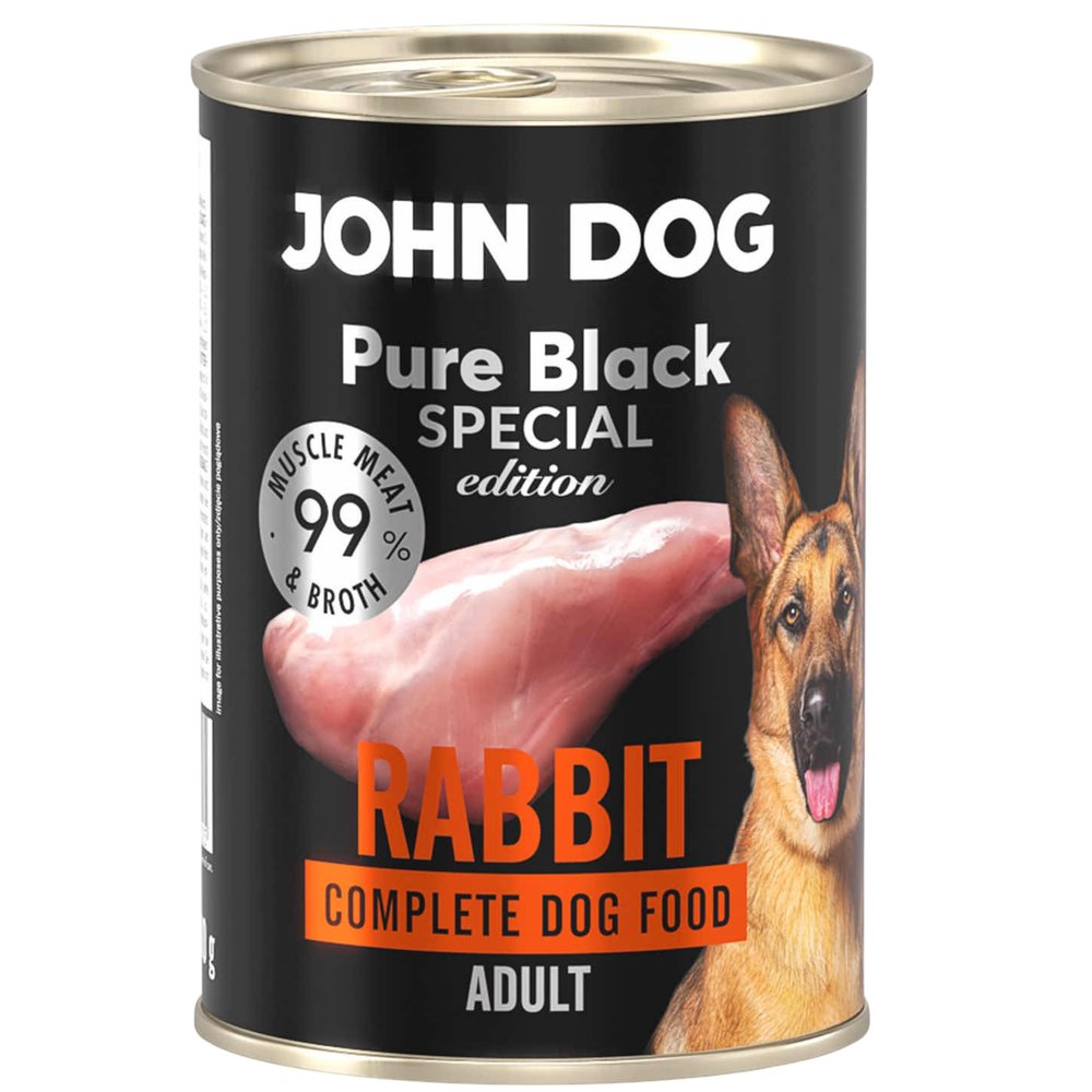 John Dog Rabbit Dog Food - Premium Grain-Free Wet Food with 99% Meat - Monoprotein Complete Food for Adult Dogs - Pure Black Special Edition, 400 g