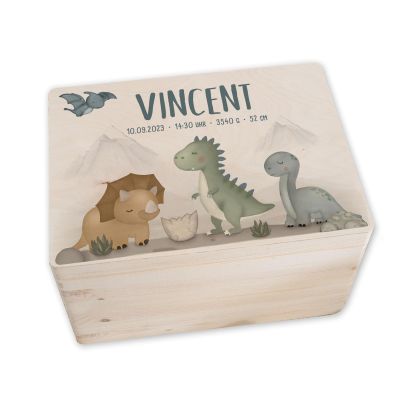hellomini Personalized Baby Keepsake Box with Name, Wooden Memory Box, Gift for Girls and Boys, Dinoworld, XS 20 x 15 x 10 cm