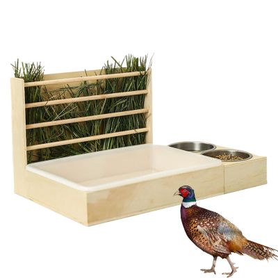 Wooden Hay Feeder Station with 2 Bowls and Litter Box
