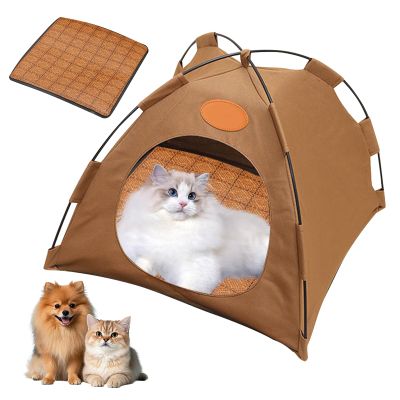 Cat Cooling Tent with Rattan Mat, Foldable and Washable