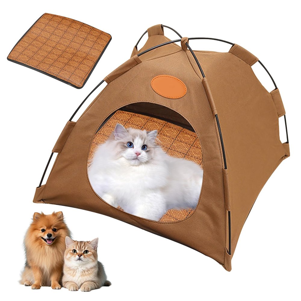Cat Cooling Tent with Rattan Mat, Foldable and Washable