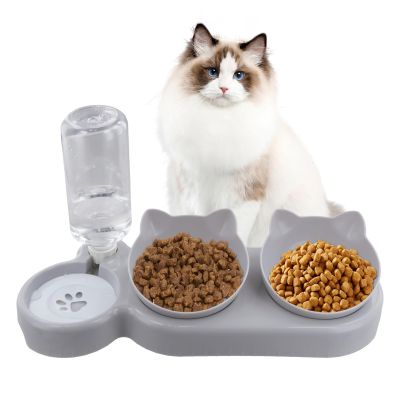 3-in-1 Elevated Cat Food and Water Bowl Set, 15° Tilted, Gray