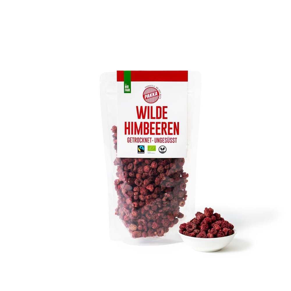 PAKKA Organic Fairtrade Sun-Dried Wild Raspberries, 125 g, Unsweetened, Unsulfured, Unoiled, Vegan (1 Pack)