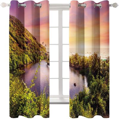 Homxi Room-Darkening Curtains for Kids' Room, 2-Pack, 2 x 137W x 183H cm, Modern Mountain and Beach Landscape Curtains in Orange, Purple, and Green