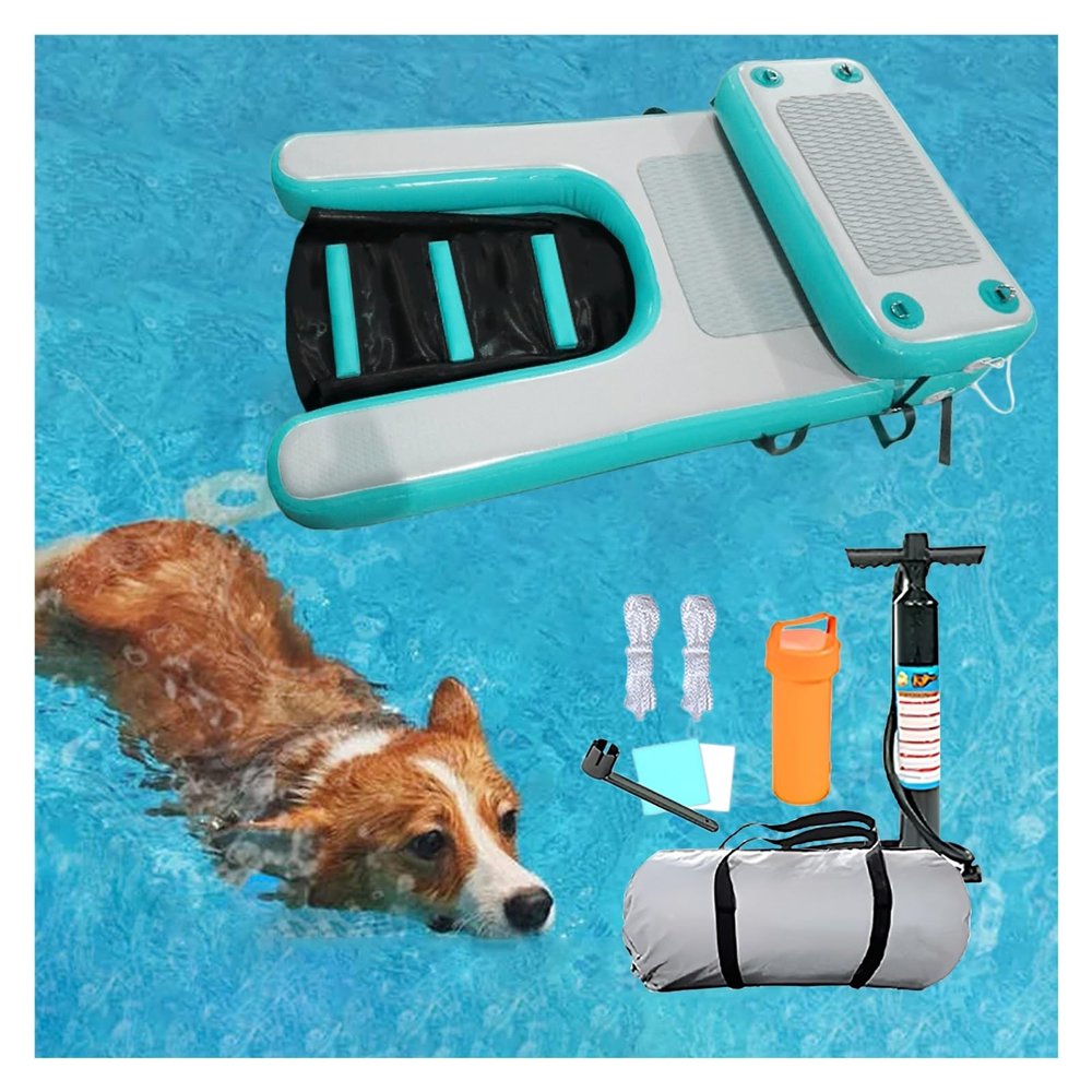 Inflatable Dog Water Ramp and Pool Platform, Cyan/White