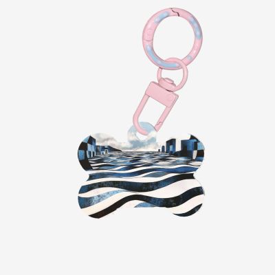 Pet ID Tags, Fractal Wave Future City, Personalized Dog and Cat Tags, Bone-Shaped Acrylic, Light Pink, Small