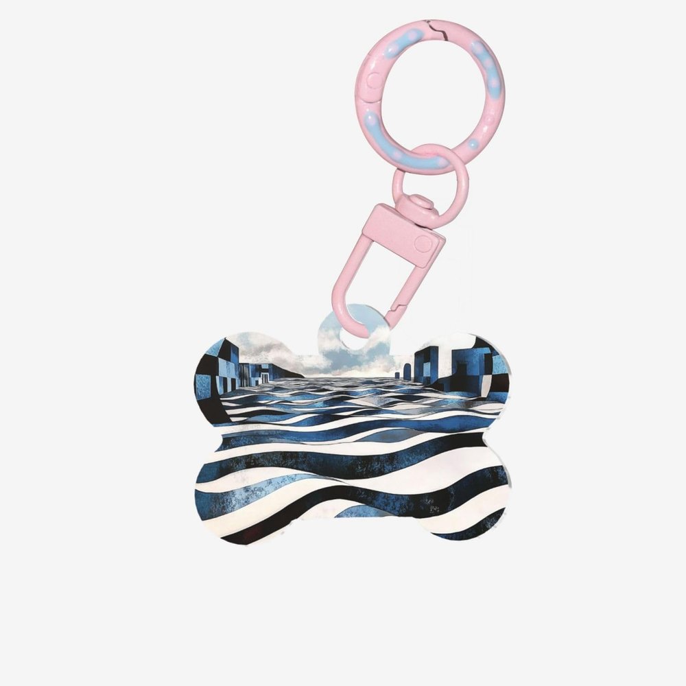 Pet ID Tags, Fractal Wave Future City, Personalized Dog and Cat Tags, Bone-Shaped Acrylic, Light Pink, Small
