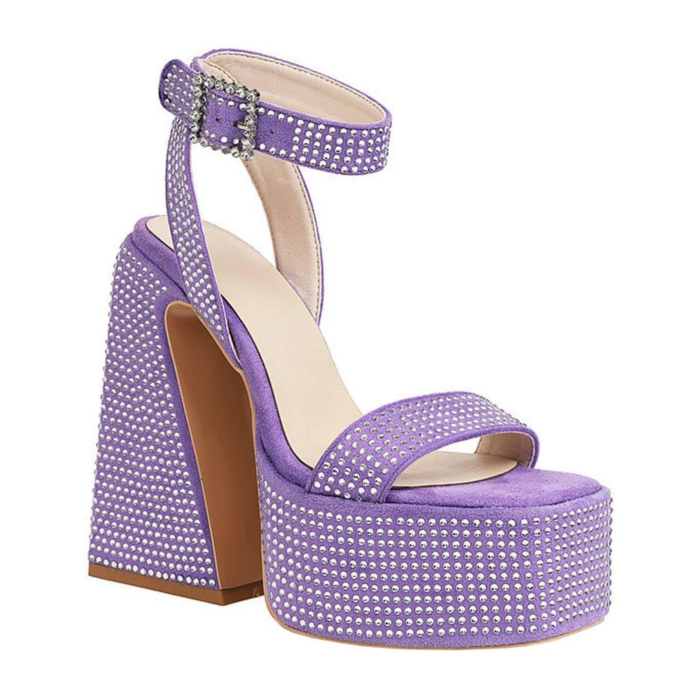 GBBRZKTB Women's Platform Chunky Open-Toe High Heels, Rhinestone Ankle-Strap Pumps, 15 cm, Purple, Size 39