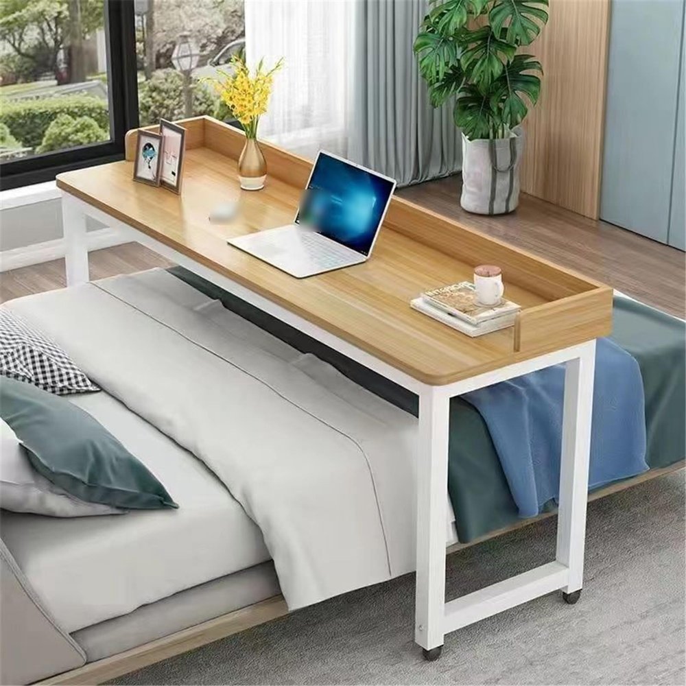 HAJHI Multifunctional Rolling Overbed Table for Double Beds, 120 x 40 cm, Walnut/White - A